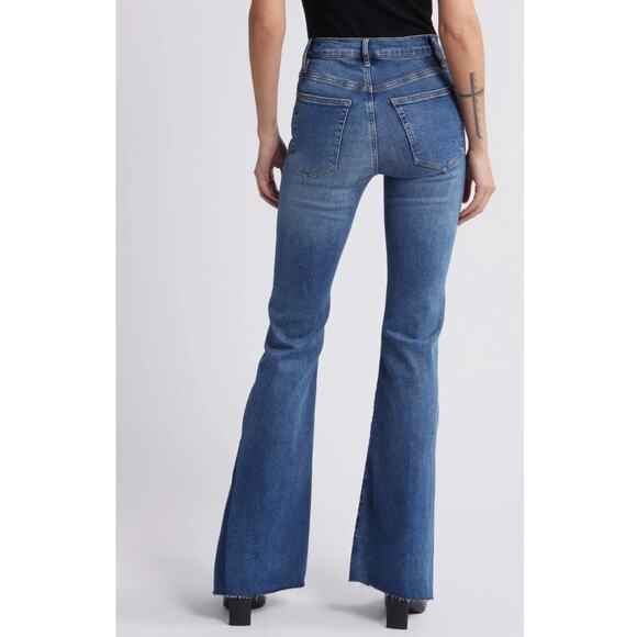 FRAME Le High Flare Jeans Size 29 Medium Wash Whiskering Raw Hem Stretchy - Picture 5 of 12